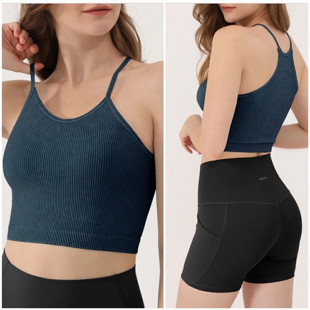Adodo Ribbed Racerback High Neck Teal Compression Yoga Athletic Crop Tank M/L